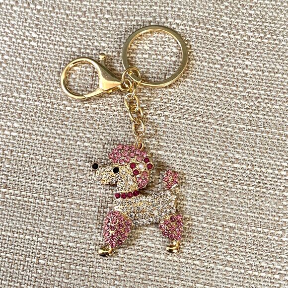 Poodle Rhinestone Charm Keychain Key Holder Pink White Gold Tone Metal New - Picture 3 of 11
